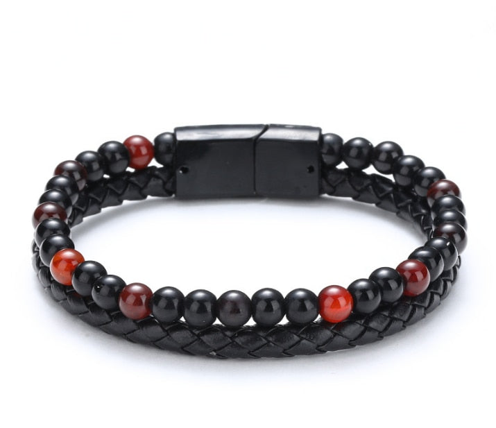 Pulseira masculina de couro legítimo, com fecho magnético de aço inoxidável e pedras naturais