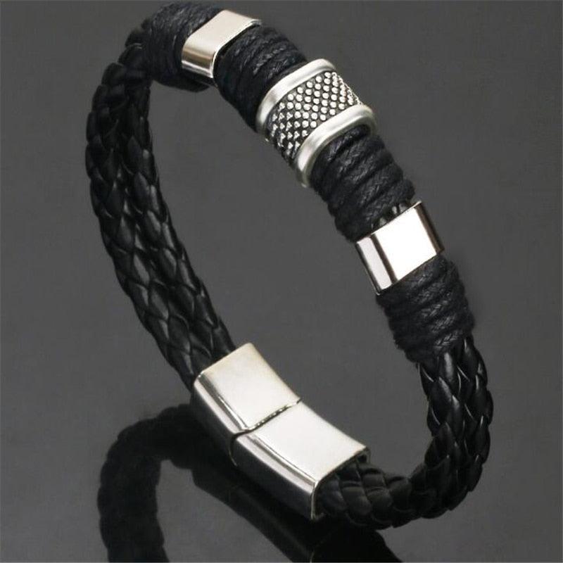 Pulseira Masculina de couro trançado com aço inoxidável - Suavidazen